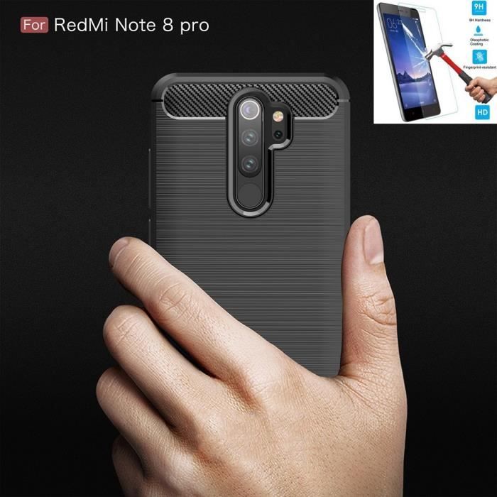 Coque Pour Xiaomi Redmi Note 8 Pro Carbone Noir + Film Verre Trempé Housse Etui En Silicone Gel Souple hfs-house®