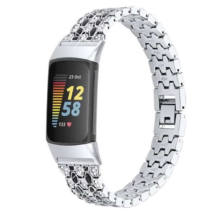 Connecteur De Bracelet Femmes 3 Rangs Strass Métal Bracelet Slim De Remplacement Pour Fitbit Charge 5 - Argent - Noir