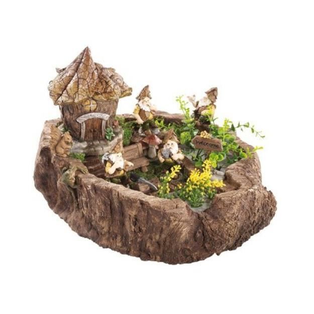 Souche décorative - Les lutins des bois et leur maison de feuilles