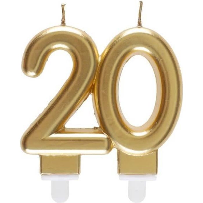 REF/6930 -Décoration gâteau anniversaire avec bougie 20 ans or métallique (x1)