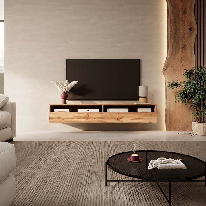 Meuble TV - REDNAW - 180 cm - chêne wotan - 2 niches ouvertes - style moderne