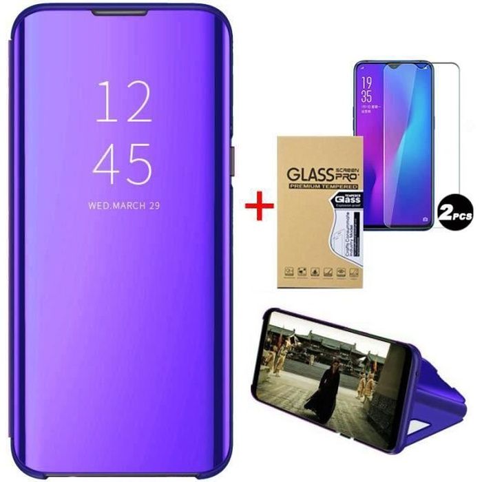 Étui Housse Xiaomi Redmi Note 10 (4G)+ Verre Trempé, Clear View Housse à Rabat Miroir Rigide Antichoc avec Support, Violet