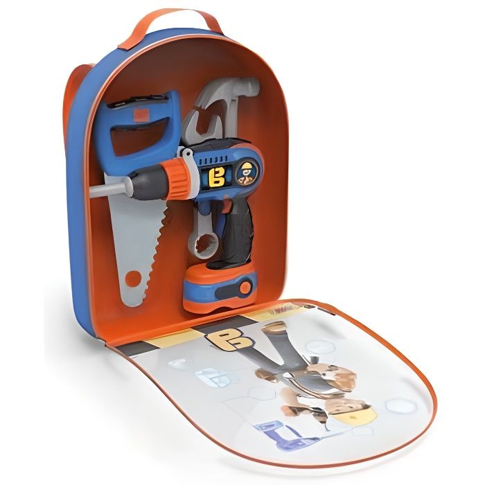 Mallette Sac a dos du bricoleur Bob avec 4 outils - Perceuse, scie, cle, marteau - Jouet bricolage enfant - Des 3 ans