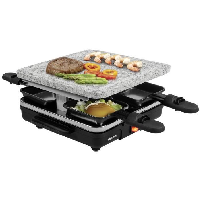 Tristar RA-2745 Appareil à raclette revêtement anti-adhésif, voyant lumineux, 4 poêlons, avec pierrade noir, gris