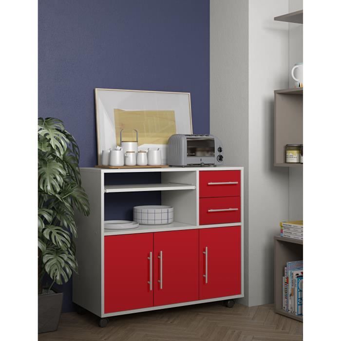 PEPPER Desserte de cuisine - 3 portes + 2 tiroirs + 1 étagère coulissante L 89 x P 40 x H 153 cm -Rouge et Blanc mat - SYMBIOSIS
