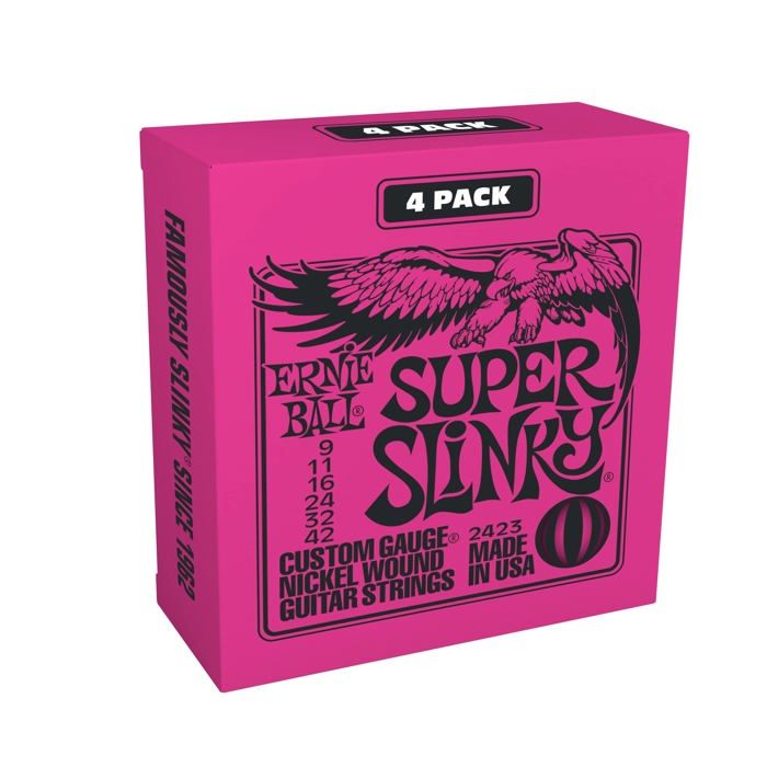 Ernie Ball Super Slinky 9-42 : 4 Jeux de Cordes Nickel pour Guitare Électrique – Son Professionnel et Durabilité à Prix Malin