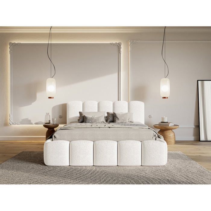 Lit coffre avec tête de lit - CLOUDY II - 160x200 cm - en bouclette crème