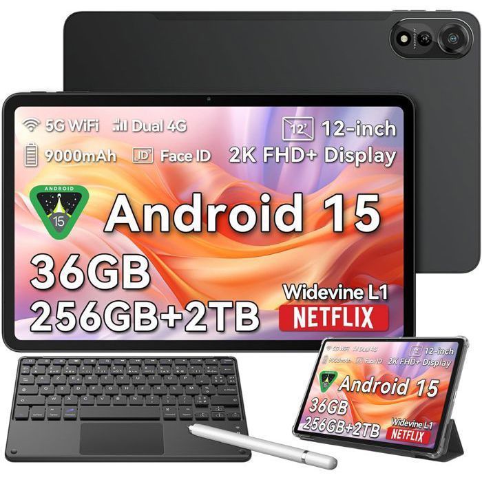 Blackview MEGA2 Tablette Tactile 11.97 Android 15 2.4G+5GHz Wifi RAM 36 Go ROM 256 Go/SD 2 To 9000mAh Gris Avec Clavier K1