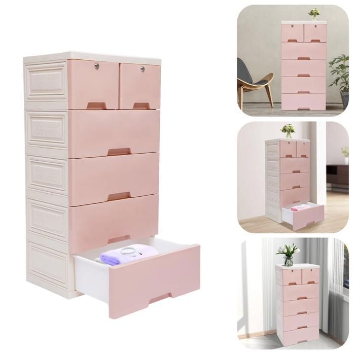 Armoire de Rangement à Tiroirs à 5 Niveaux - Armoire de Chambre en PP - Casier avec Serrure (Rose) - Armoire de Rangement 5 Niveaux