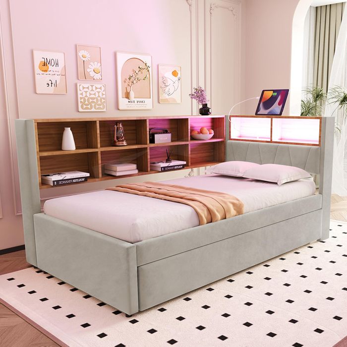 Lit gigogne 90x200 cm 90x190 cm Canapé-lit avec prise USB et compartiments de rangement - SWEIKO - Gris clair Lit gigogne 90x200 cm 90x190 cm Canapé-lit avec prise USB et compartiments de rangement - SWEIKO - Gris clair
