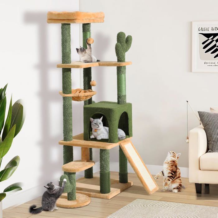 Meilleurs prix pour 153 Cm Arbre À Chat En Forme De Cactus Avec Brosse DAuto-Toilettage Tour DEscalade Pour Chats Avec Niche Pour Chat Perchoir