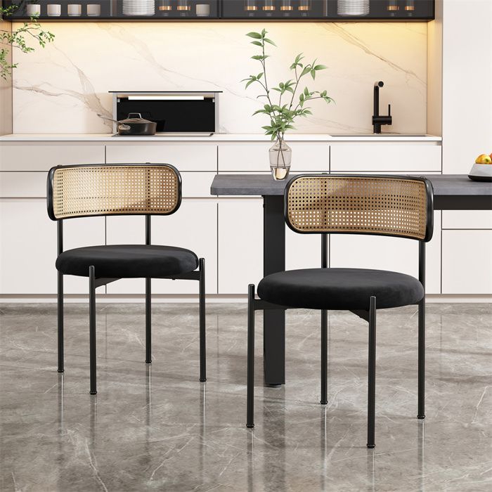Chaises salle à manger - Lot de 2 - Dossier en rotin - Coussin en velours - Pieds en métal - Noir