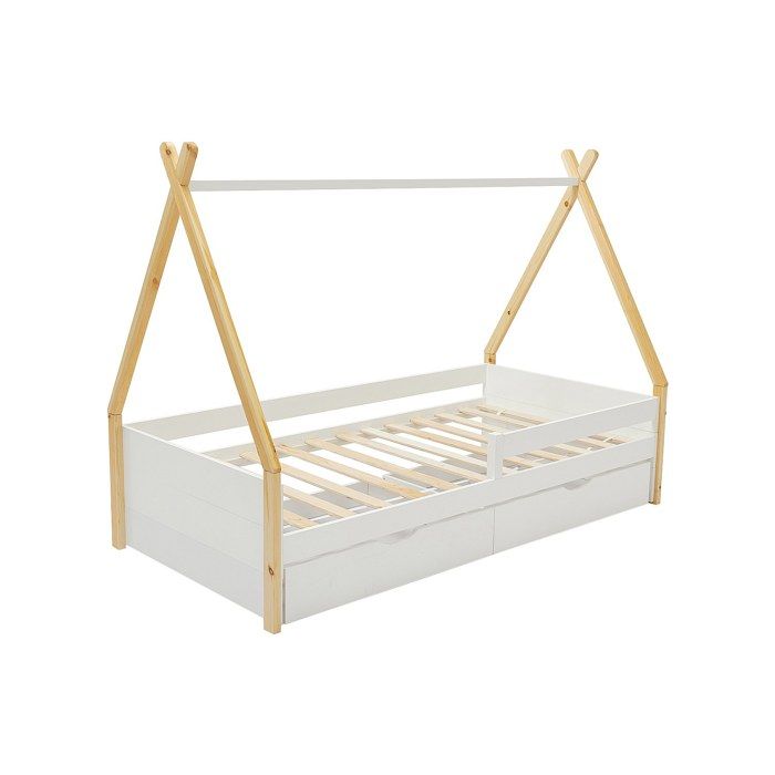 Lit tipi 90 x 190 cm avec tiroirs - Pin et MDF - Coloris : Blanc et naturel - LUANCO Lit tipi 90 x 190 cm avec tiroirs - Pin et MDF - Coloris : Blanc et naturel - LUANCO