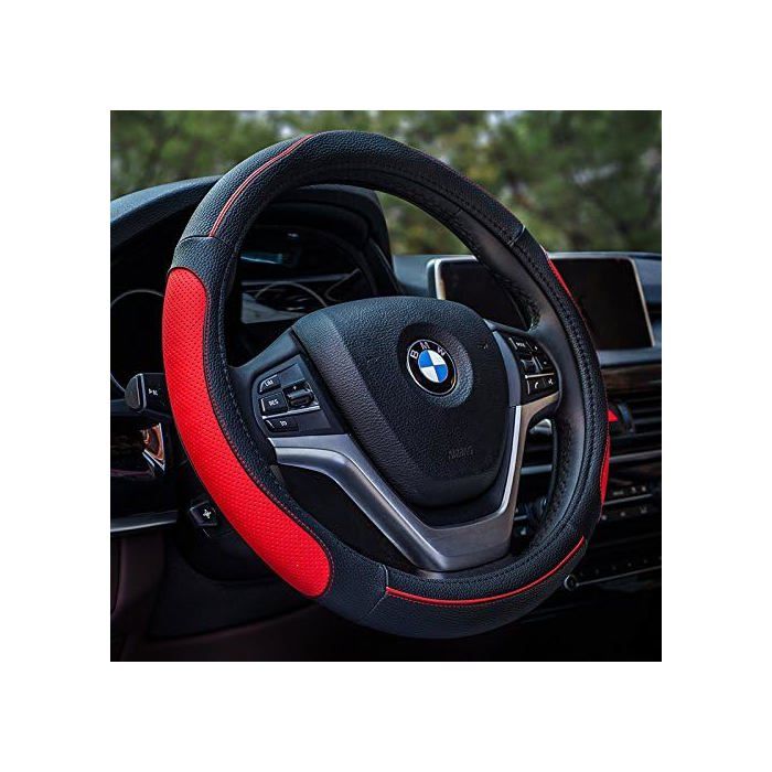 Housse de volant - PZCC - Cuir véritable rouge - Diamètre 38 cm - Installation facile - Confortable