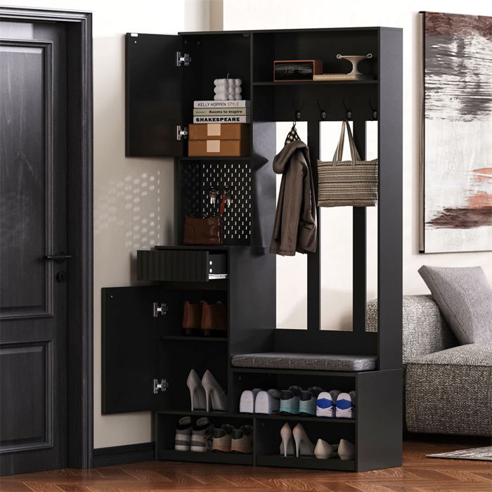 Meuble Entree Porte Manteau Vestiaire DEntrée avec Banc et 4 Crochets Meuble Entree Rangement Portes Tiroirs Noir 100×180×35cm
