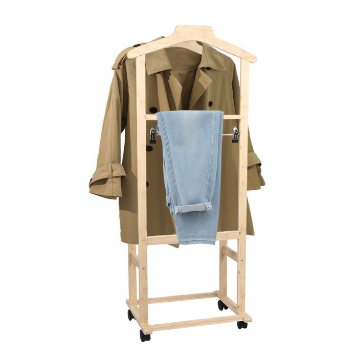 Portant chambre en bambou Valet de chambre mobile à roulettes Pendrie Range-vêtements avec cintre 41x37x112cm