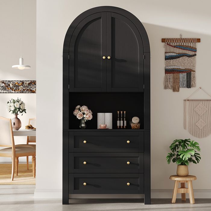Armoire haute Vitrine rangement Tiroirs portes étagères cuisine salon Noir