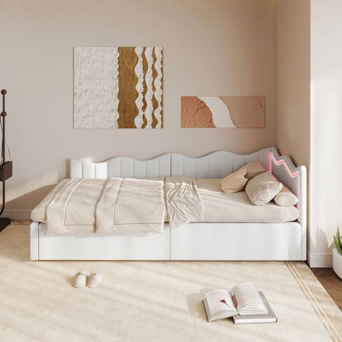 Banquette Lit Simple Lit Coffre Enfant 90x200 en Velours Bouclé Tête de Lit avec LED Multicolore