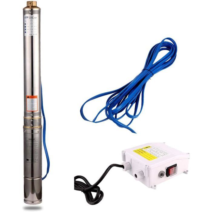 Pompe De Puits Profond 250W 3 Pouces - Hauteur 80m, Débit 1600L/h, Câble 20m, Pour Maison Et Irrigation