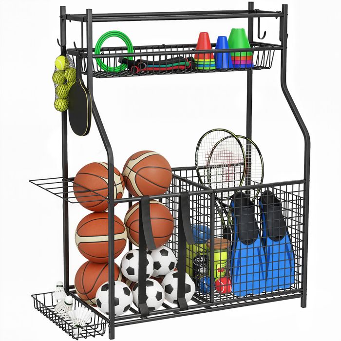 Rangement déquipements de sport - SPORTNOW - avec paniers crochets amovibles sangles élastiques - 92 x 42 x 109 cm - noir