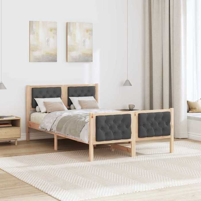 Structure de lit avec tête de lit - UU - Gris foncé - 120x190 cm - Tissu - Bois de pin massif - Cadre à lattes