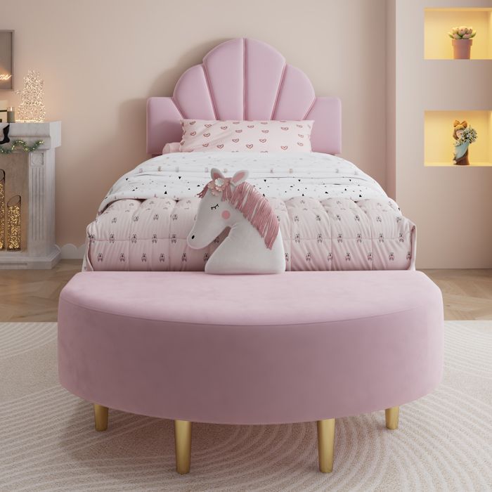 Lit 1 place 90x200 velours rose avec tête de lit + banquette assortie bords anti-choc cadre solide