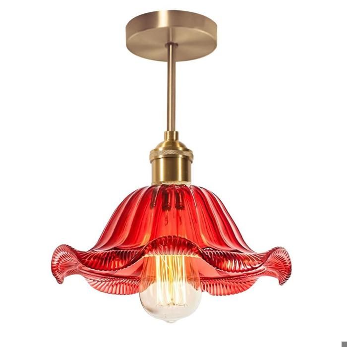 WOTTES 1 x Plafonnier Vintage E27 Ø25CM Luminaire Fleurs Design Rétro avec Abat-jour en Verre Rouge et Doré Tige Pour Loft Salon