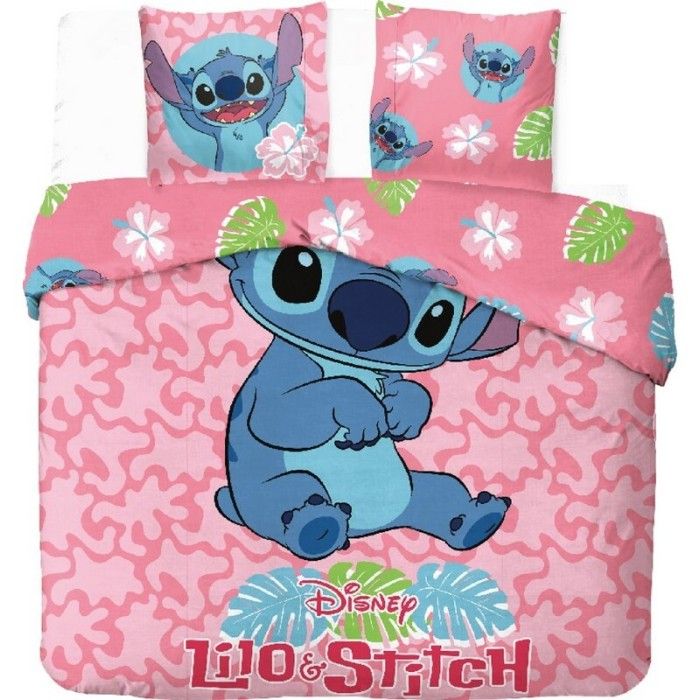 STITCH - LILO ET STITCH - DISNEY - PARURE DE LIT 2 PERSONNES - HOUSSE DE COUETTE 240X220 CM + 2 TAIES - 65X65 CM-COTON. ROSE.