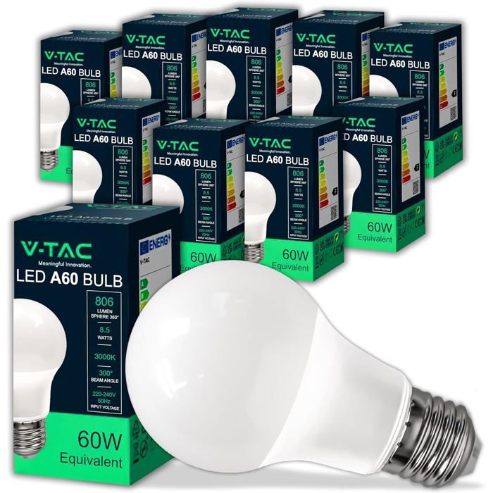 TRAHOO-10x Ampoules LED culot E27 8 5W (équivalent 60W) A60-806 Lumen - Ouverture du Faisceau Lumineux 200° - Efficacité Maxi[J5]