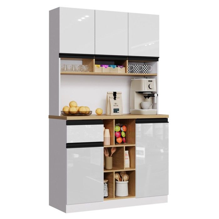 Buffet Cuisine Moderne Blanc 105x45x185 cm avec Vaisselier Portes Laquées Tiroirs Etagères Réglables et Système Antibasculement