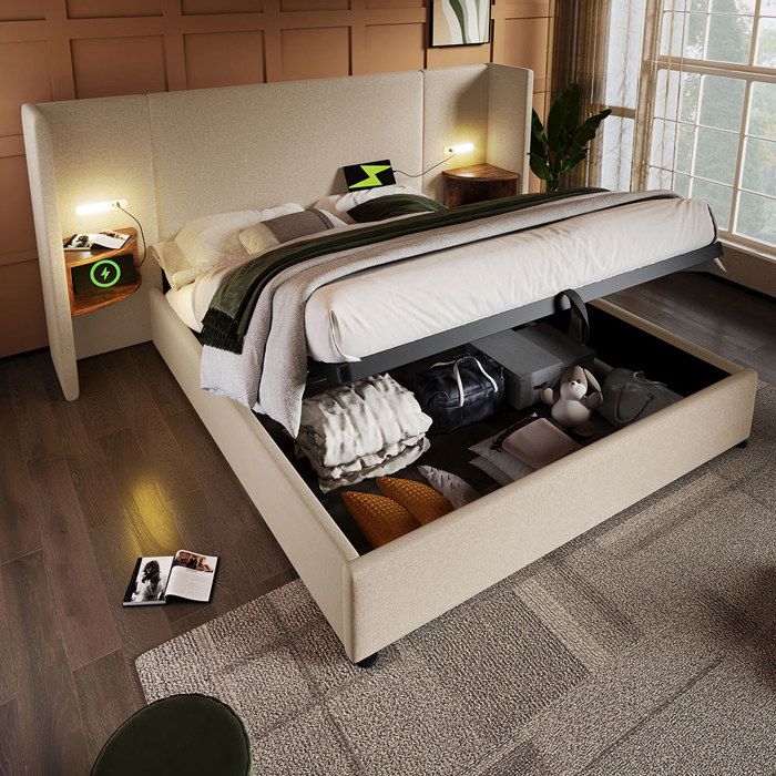 Lit coffre rembourré 160x200 cm avec dossier long table de chevet lampe de lecture USB Type-C hydraulique rangement lin beige
