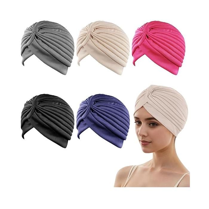 HARNAIS DE TETE Lot de5Turbans Pré-noués pour Femme Bonnets Chimio Confortables pour Perte de Cheveux Chapeaux de Nuit et Quotidiens