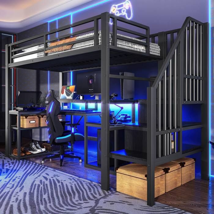 Lit mezzanine 90x200 lit simple lit en fer escalier avec rangement rambarde LED bureau avec port USB matelas non inclus noir
