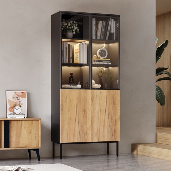 Vitrine en verre minimaliste armoire haute avec éclairage LED armoire de rangement à double porte à 5 niveaux hauteur 180 cm noir
