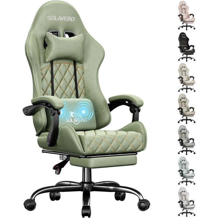 EcoFurnix - Chaise Gaming en Tissu Suédine - Support Lombaire Massante - Fauteuil Gamer Ergonomique - Tissu Respirant - Vert Olive