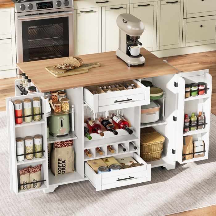 Îlot Cuisine Mobile 138×45(70)×92 cm Blanc – Plateau Rabattable + Porte-Vins 9 + Porte-Verres 5 Roulettes
