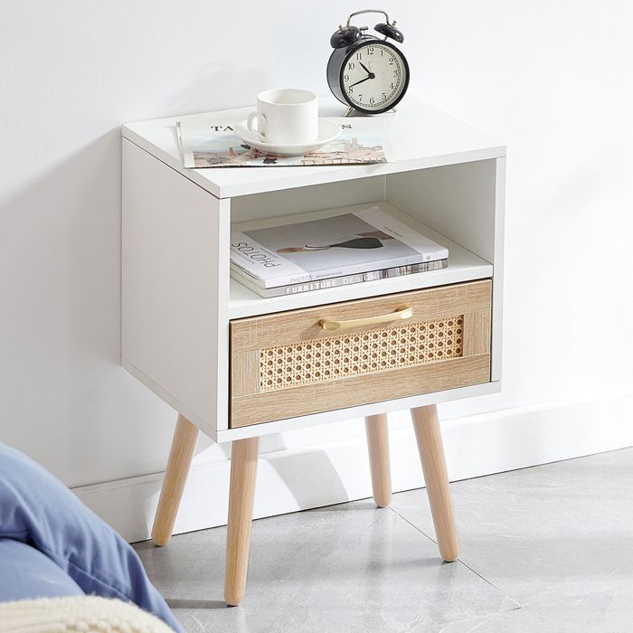 Table de Chevet Moderne - BELLEMAVE - Table de Nuit avec Tiroir en Rotin et étagère - Chevet de Lit - 40×30×56 cm - Blanc et Naturel
