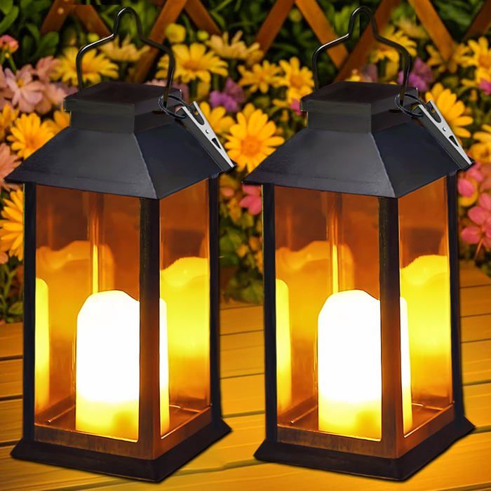 Lanterne Solaire Exterieur 2 Pièces Suspension Lampe Solaire avec Bougie LED Flamme Vacillante - Noir [Classe énergétique A+++]