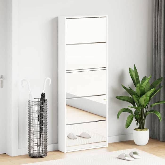 Blanc Meuble à chaussures 5 étagères et miroir 63x17x1695 cm Blanc - Casier à chaussures H2204