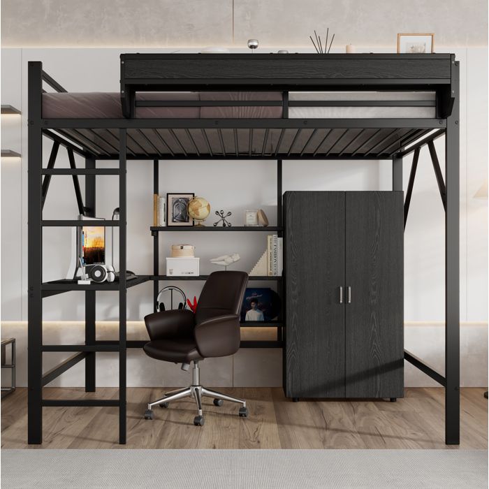 Lit mezzanine enfant noir 140×200 cm avec bureau armoire intégrée sommier inclus montage nécessaire