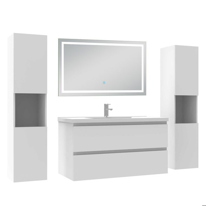 AICA Meuble de salle de bain 99 cm blanc mat avec Lavabo 2 colonnes + miroir LED 6000K dimmable