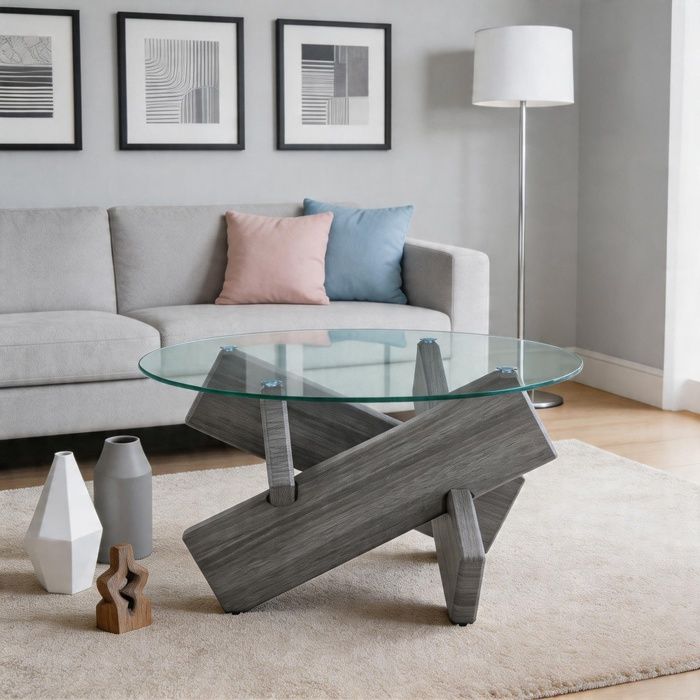 Table basse - Ronde 79 cm - MDF gris texturé - Plateau verre trempé 08 cm - Pieds entrelacés design