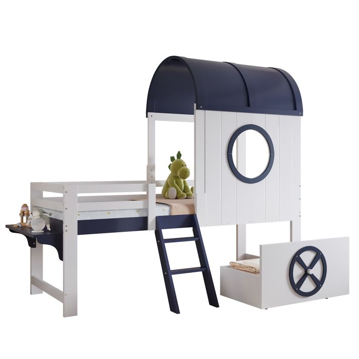 VLIVRA Lit mezzanine 90×200 cm Lit Simple - tiroir à roulettes toit fenêtres et étagère - Enfant - sans matelas