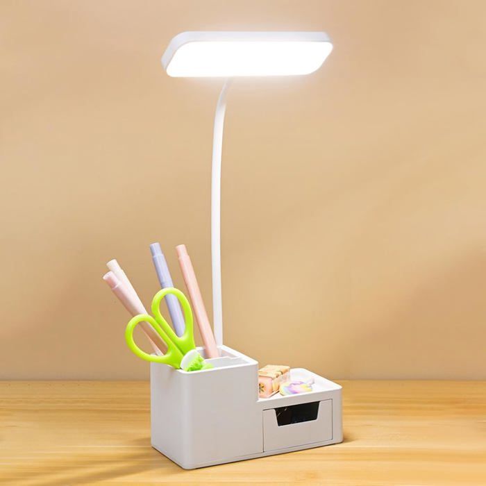 Lampe de Bureau LED Enfant Lumière Réglable Tactile 3 Modes Porte-Stylo Tiroir Recharge USB Lecture Étude Chambre