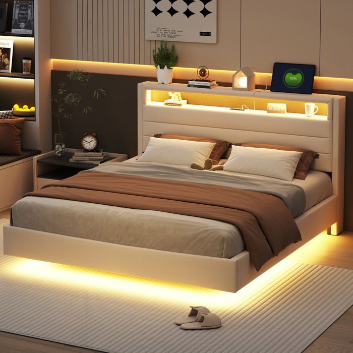 Lit 160x200 cm double avec tissu lin beige tête réversible pied masqué LED et prise USB