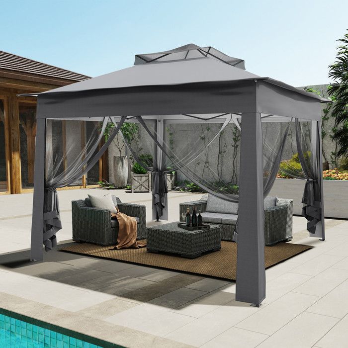 Tonnelle de Jardin 3.6x3.6m Pavillon Pliante avec Toiles Moustiquaires Amovibles Anti-UV Gris
