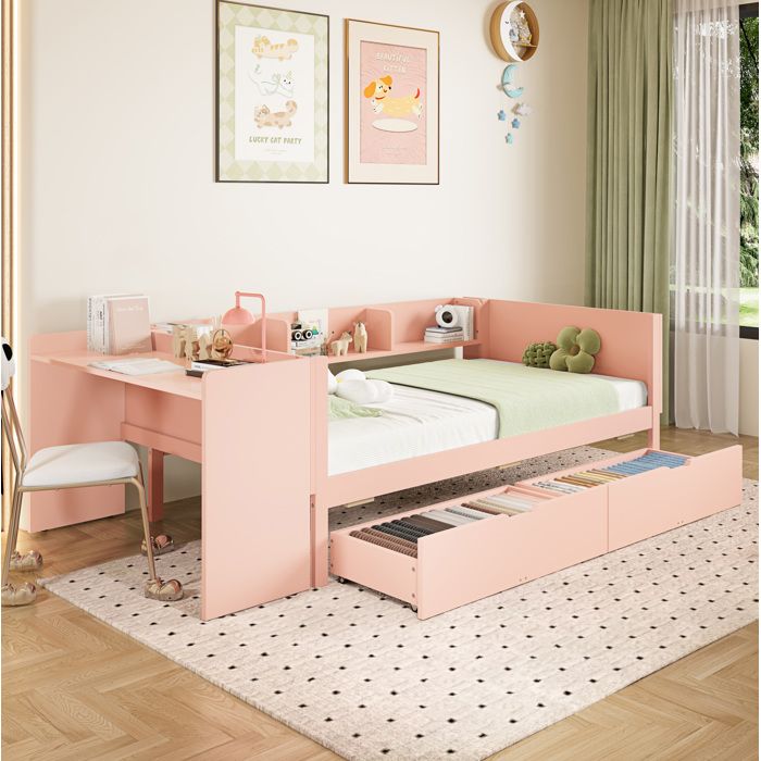 Lit Combiné 1 Place 90×200 cm avec Bureau Intégré 2 Tiroirs et 3 Étagères sans Matelas Rose - UVRION