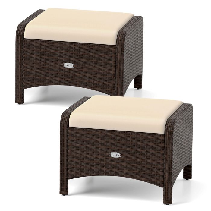 Lot de 2 Tabourets de Jardin COSTWAY en Rotin PE Coussin Amovible Beige Table ou Assise Supplémentaire Repose-pied Charge 180 kg