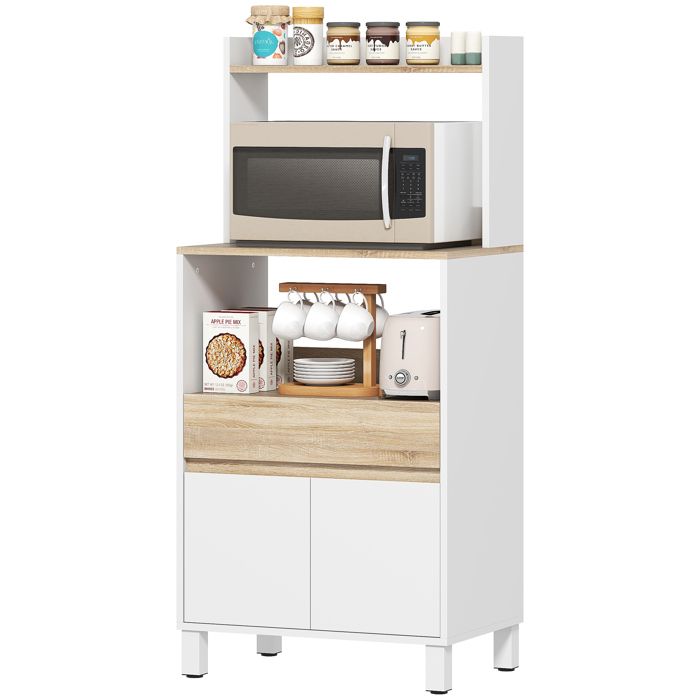 LIA Meuble micro-ondes chêne/blanc 60x40x131cm placard tiroir étagère