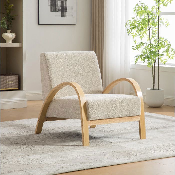 Fauteuil lounge en chenille avec dossier et pieds en bois style scandinave beige